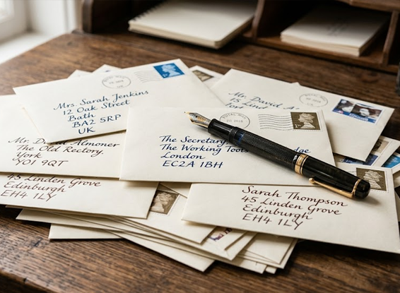 A fountain pen resting on a stack of addressed envelopes