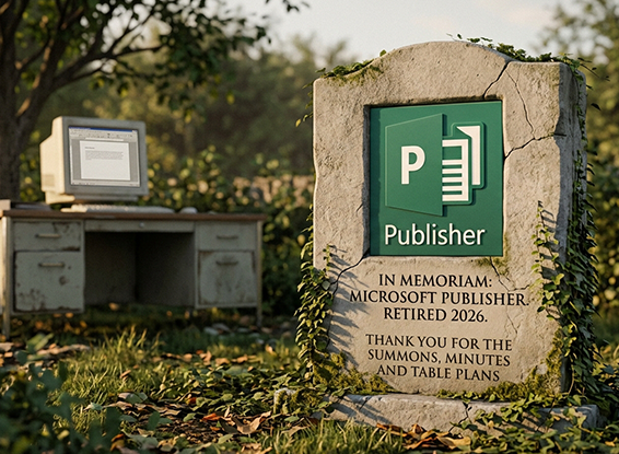 A gravestone representing MS Publisher being sunset