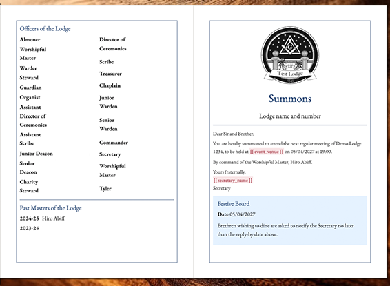 A folded Masonic summons booklet with a Lodge crest on the cover