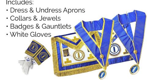 Masonic regalia including aprons, collars, gauntlets and gloves