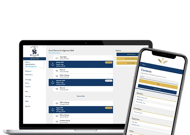 Lodge event planner dashboard showing upcoming Masonic meetings